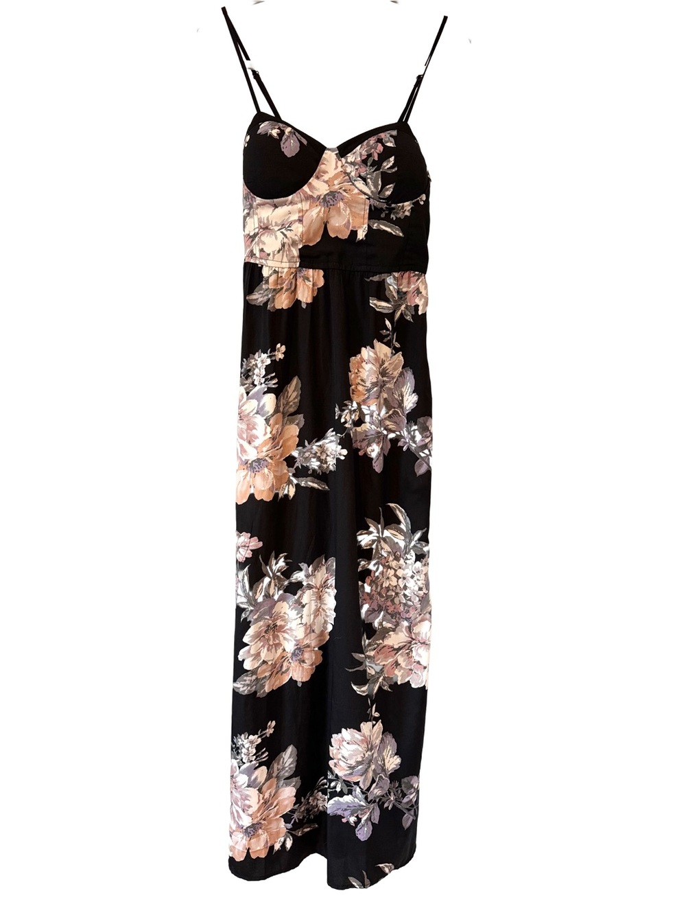 Band of Gypsies Corset Maxi Dress Black Pink White Floral Shirred Back Sz XS